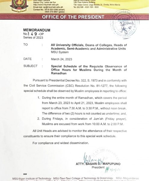 Special Schedule of the Requisite Observance of Office Hours for Muslims During the Month of Ramadan