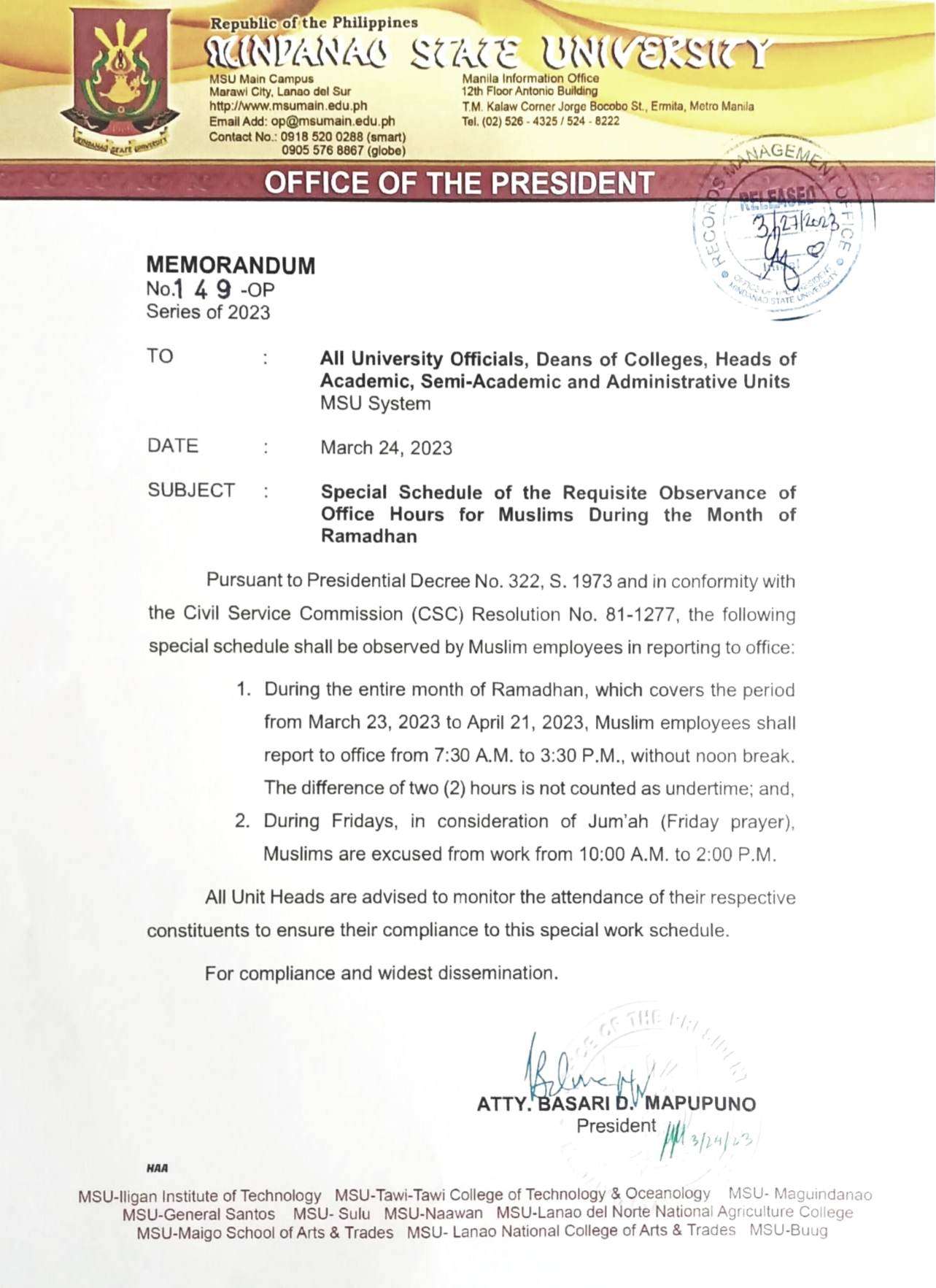 Special Schedule of the Requisite Observance of Office Hours for Muslims During the Month of Ramadan