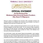 Official Statement of the Passing of the MSU System President Atty. Basari D. Mapupuno