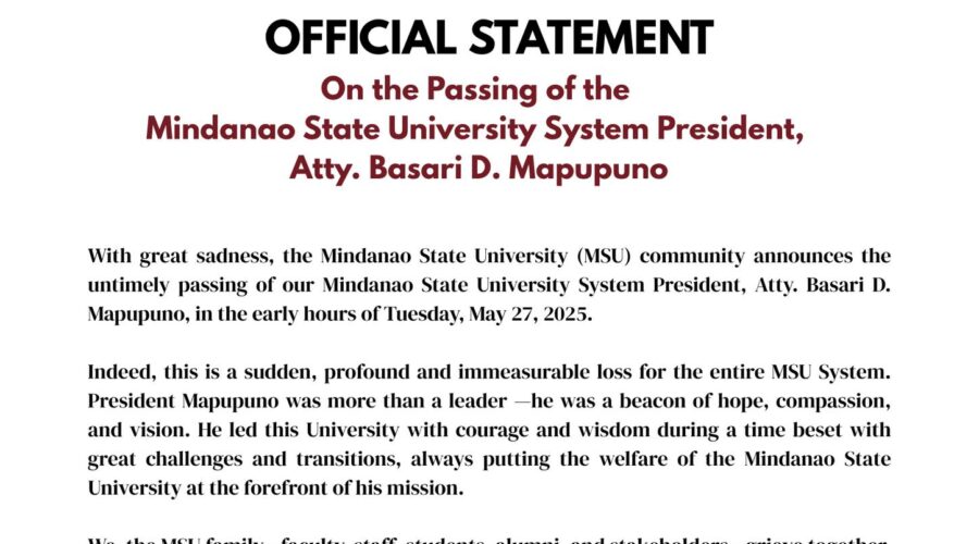Official Statement of the Passing of the MSU System President Atty. Basari D. Mapupuno