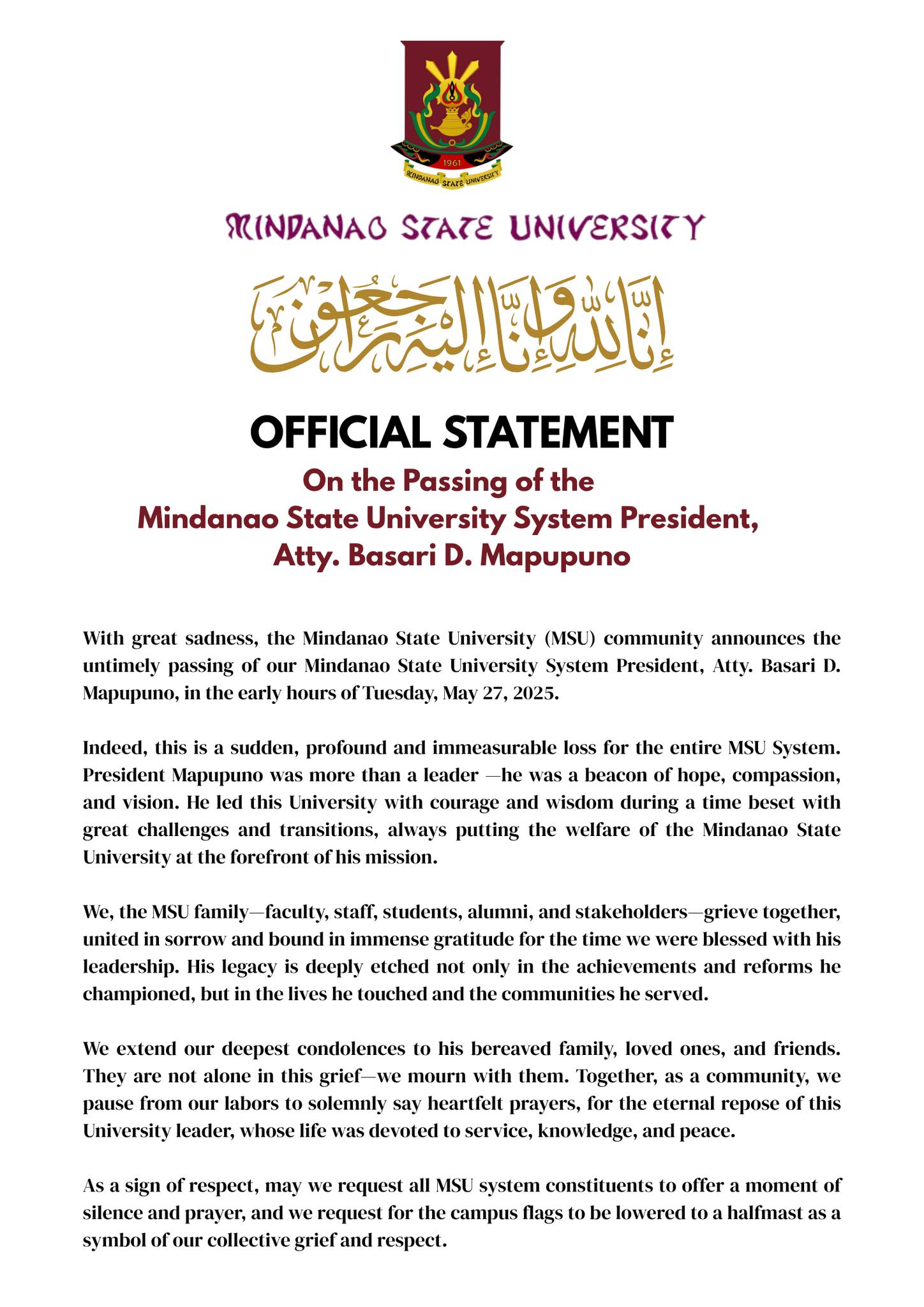 Official Statement of the Passing of the MSU System President Atty. Basari D. Mapupuno