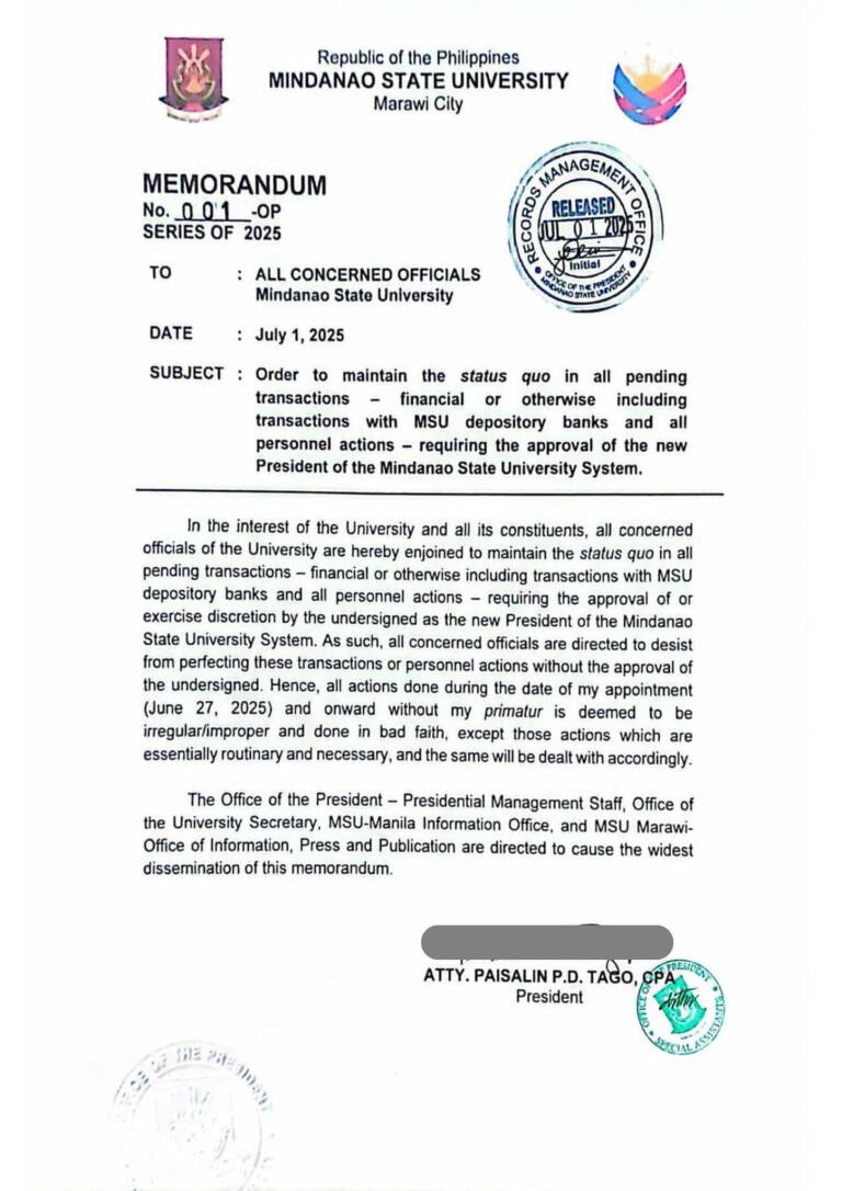 First Memo of the 9th Regular MSU System President